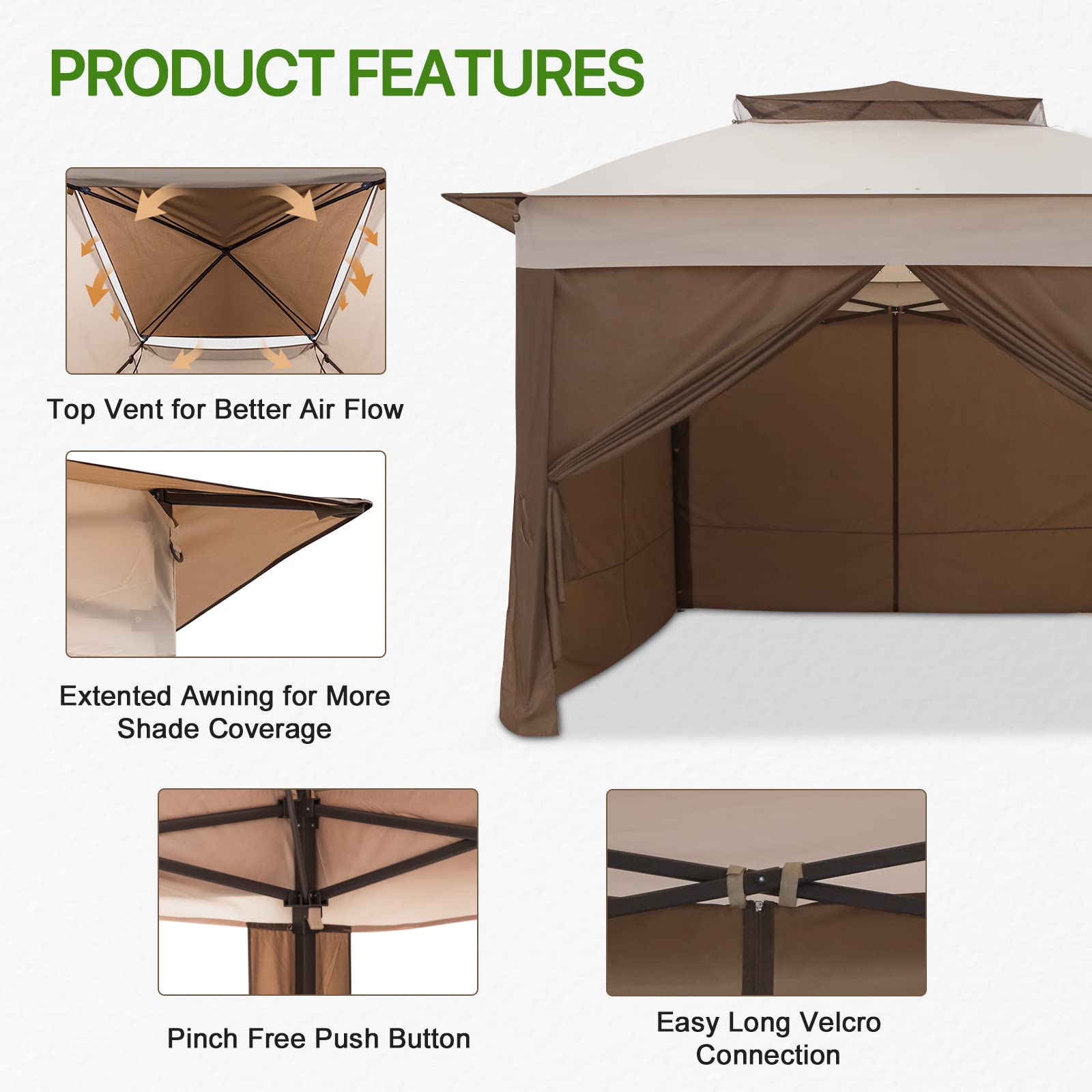 COOS BAY 11x11 Pop Up Gazebo with 4 Sidewalls, Instant Outdoor Canopy Tent with UPF 50+ UV Protection, Water Resistant Shelter with Carry Bag, Stakes & Ropes, Beige - Image 4