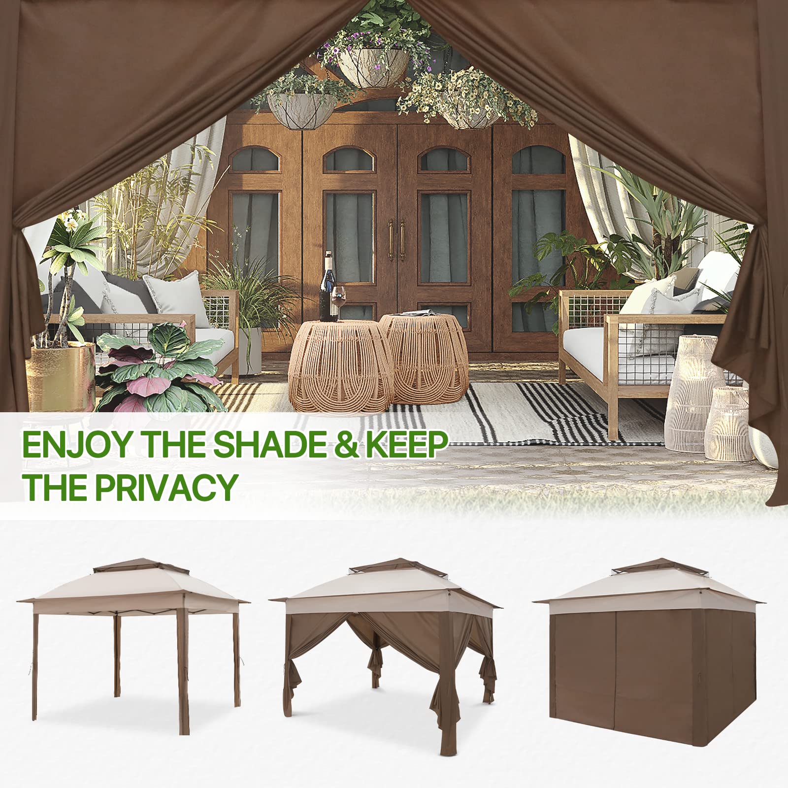 COOS BAY 11x11 Pop Up Gazebo with 4 Sidewalls, Instant Outdoor Canopy Tent with UPF 50+ UV Protection, Water Resistant Shelter with Carry Bag, Stakes & Ropes, Beige - Image 6