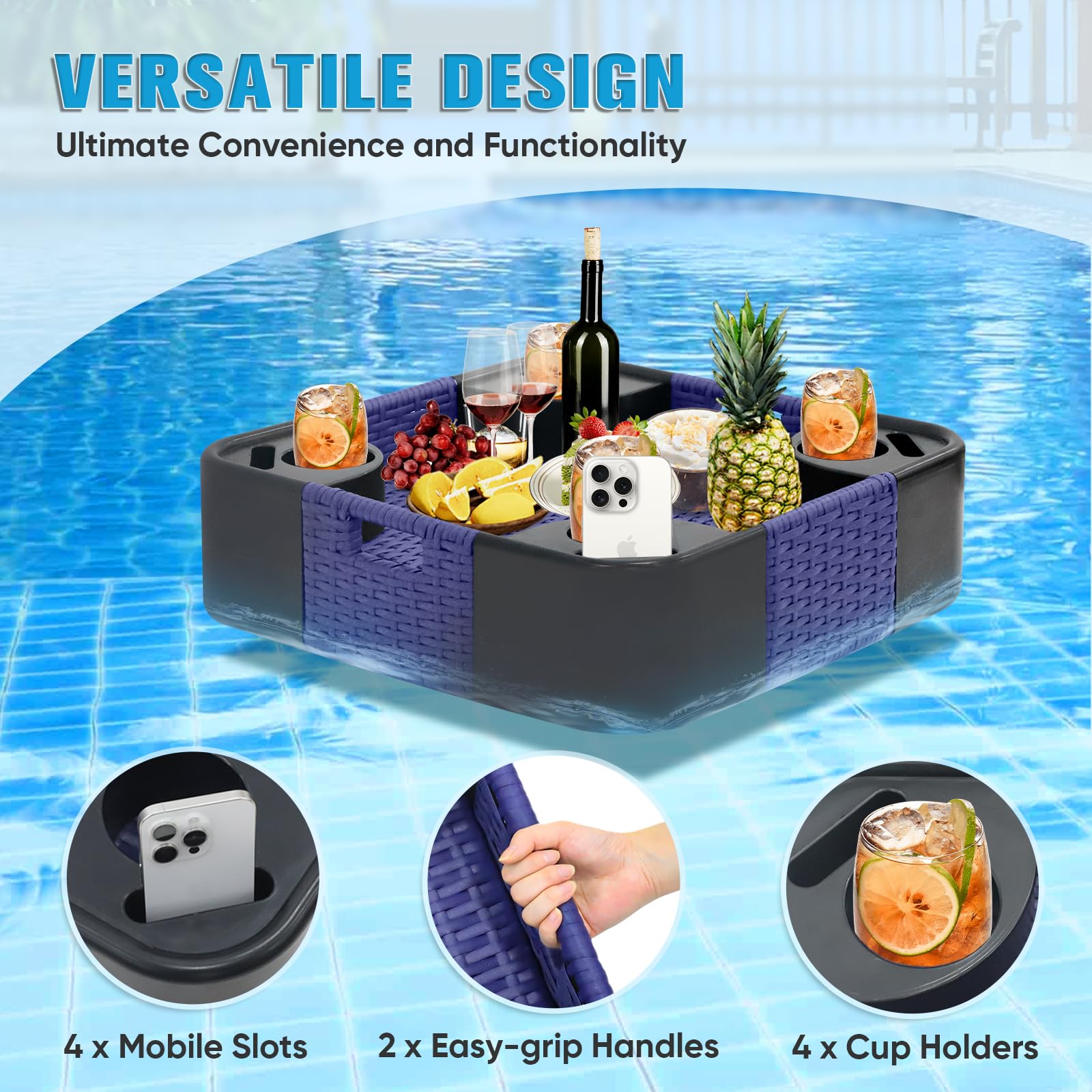 COOS BAY 24"x24" Square Floating Pool Tray with Cup Holders and Phone Slots, Large Wicker Drink Holder for Pool, Hot Tub & Spa, Waterproof Serving Tray, Blue - Image 4