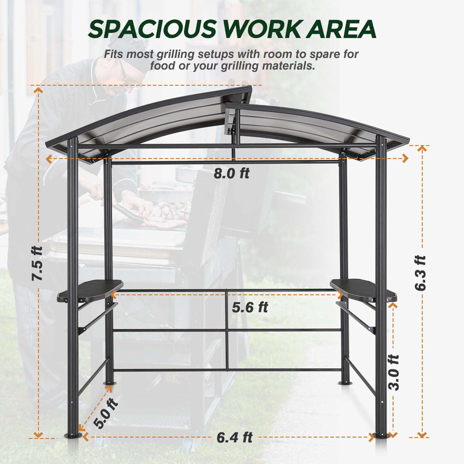 COOS BAY 8x5 Hardtop Grill Gazebo, Outdoor BBQ Canopy, Steel Frame Double-Tier Polycarbonate Roof with Side Shelves, Weather Resistant - Image 4