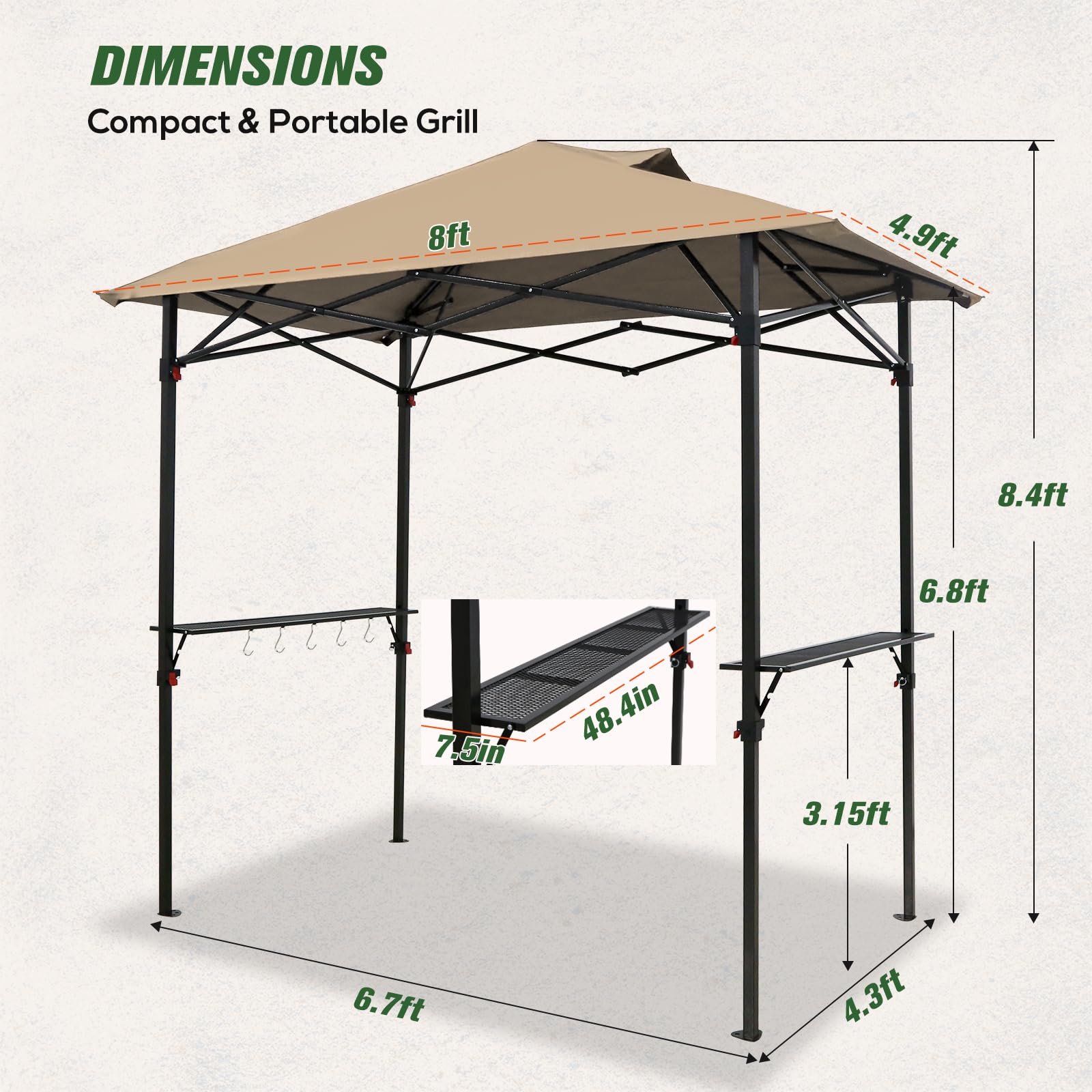 COOS BAY 8x5 Pop Up Outdoor Grill Gazebo, Portable BBQ Grill with Carry Bag, Outdoor Barbecue Shelter with Side Shelves, Beige - Image 3