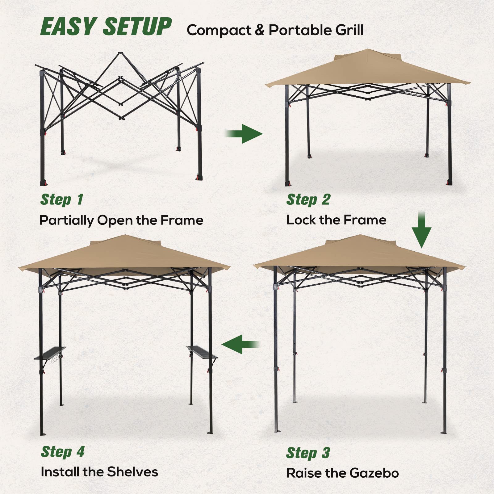 COOS BAY 8x5 Pop Up Outdoor Grill Gazebo, Portable BBQ Grill with Carry Bag, Outdoor Barbecue Shelter with Side Shelves, Beige - Image 7