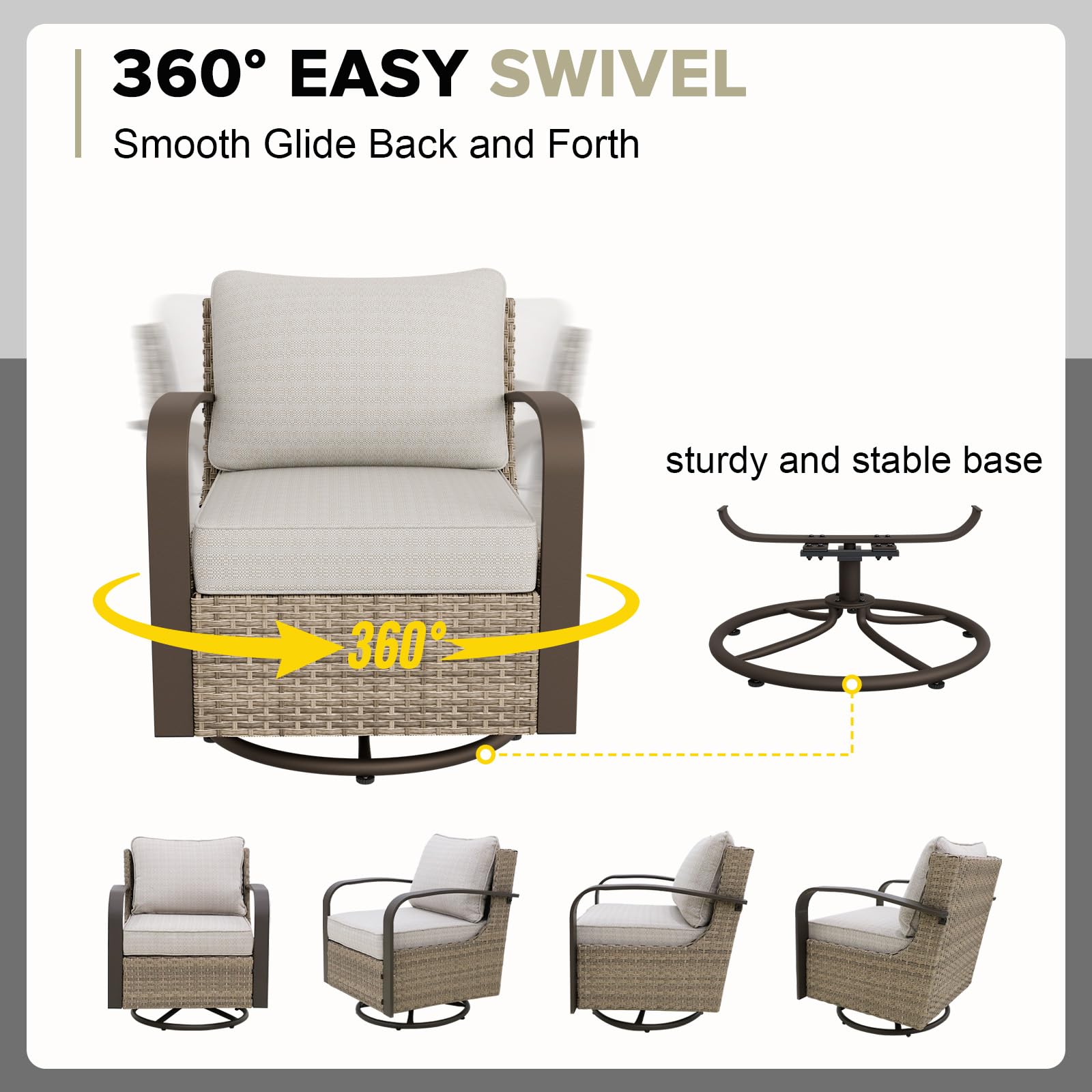 COOS BAY Aurora Terrace Outdoor Swivel Rocker Chair with 4 Inch Thick Cushions, Rattan Patio Glider Rocking Chair, All Weather Wicker Armchair for Porch, 2 Piece, Beige/Beige - Image 4