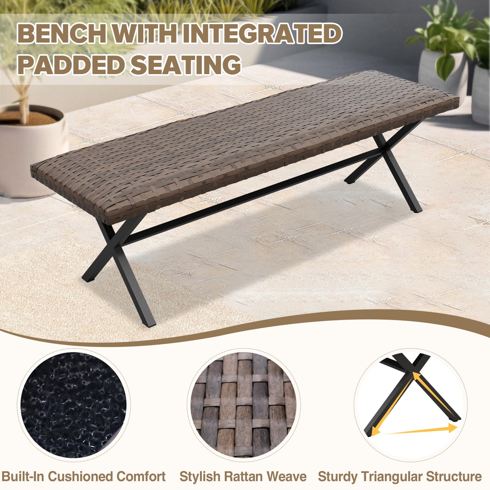 COOS BAY Echo Vibe Patio Dining Set for 4 with 2 Chairs, a Bench and a Table, 4 Piece Outdoor Dining Set, Brown/Beige - Image 4
