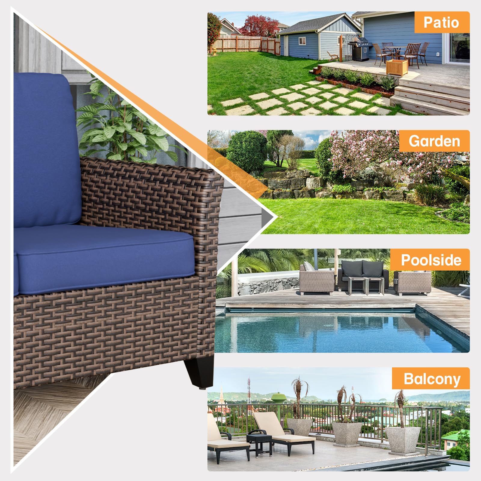 COOS BAY Harbor Retreat Outdoor Sofa, 3 Seat Rattan Couch Sofa with Cushions, Small Patio Furniture for Balcony or Deck, Brown/Blue - Image 7