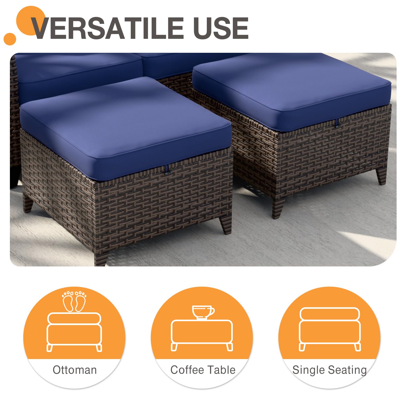 COOS BAY Harbor Retreat Wicker Outdoor Ottomans Set of 2, Patio Footrests with Removable Cushions for Couch, Deck, Backyard & Poolside, Brown/Blue - Image 7