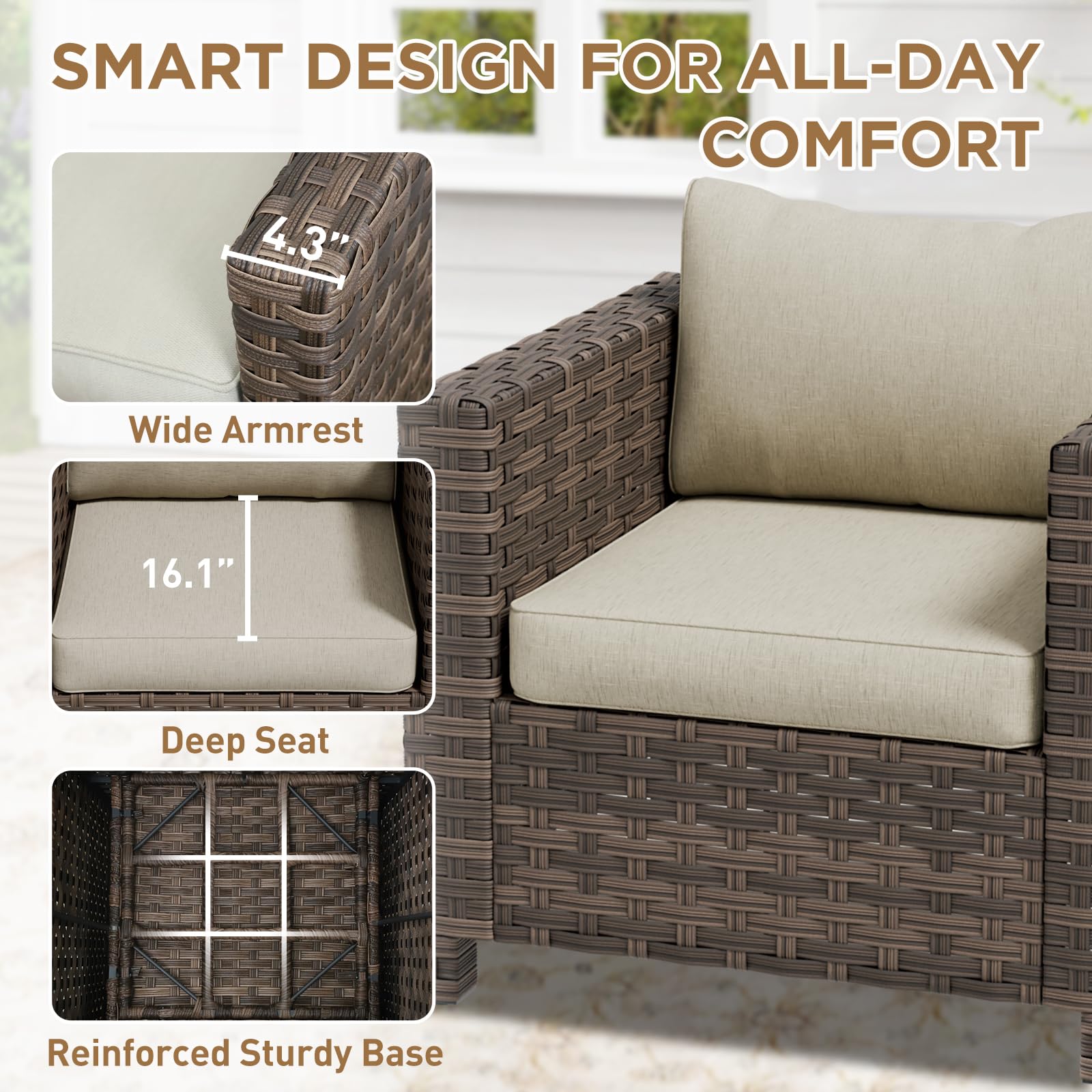 COOS BAY Lanai Chic Outdoor Chair, Deep Seating Patio Chair, Modern Outdoor Armchair, 1 Piece, Brown/Beige - Image 6
