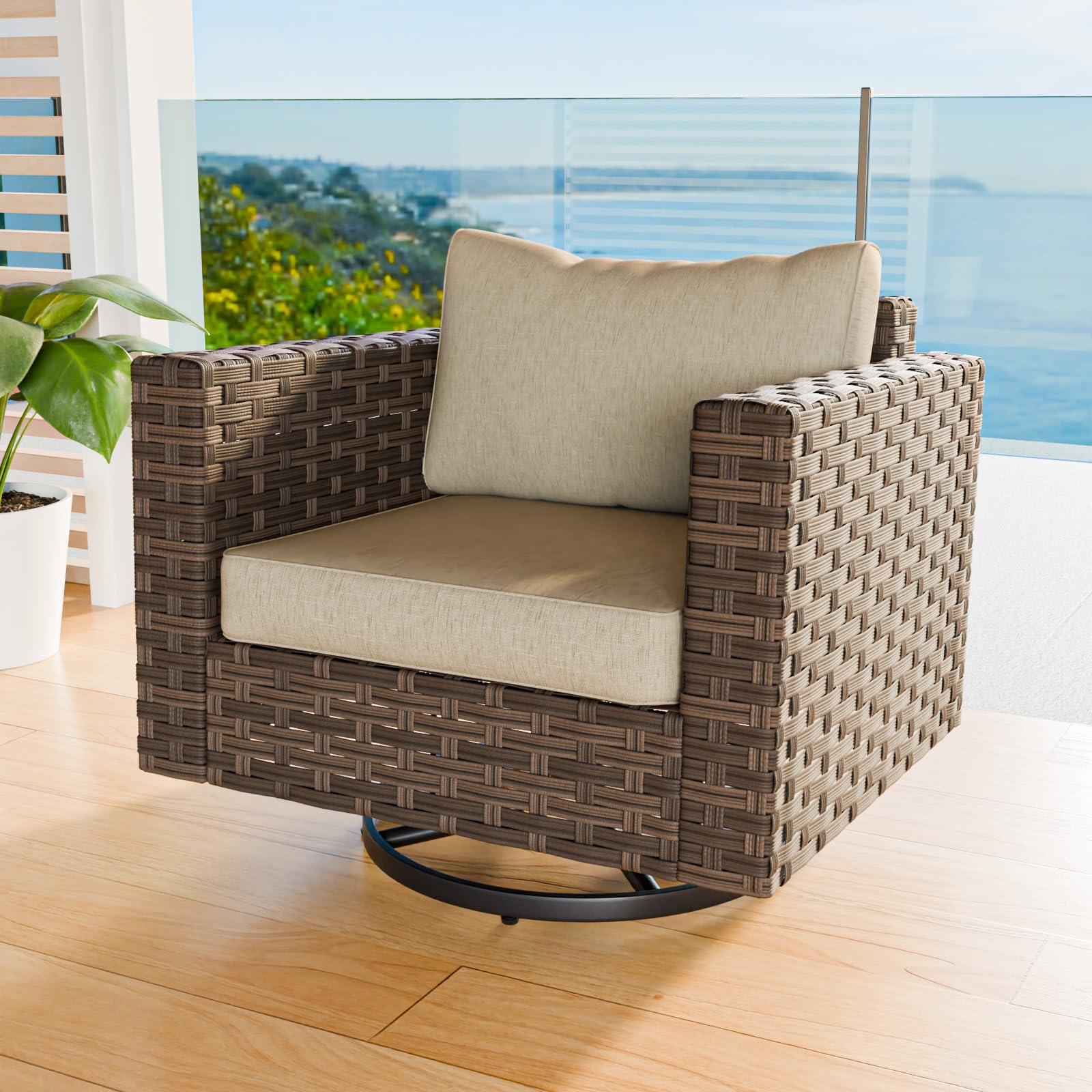 COOS BAY Lanai Chic Outdoor Swivel Rocking Chair, Patio Rocking Chair Set of 1, Deep Seat Patio Chair, Brown/Beige - Image 6