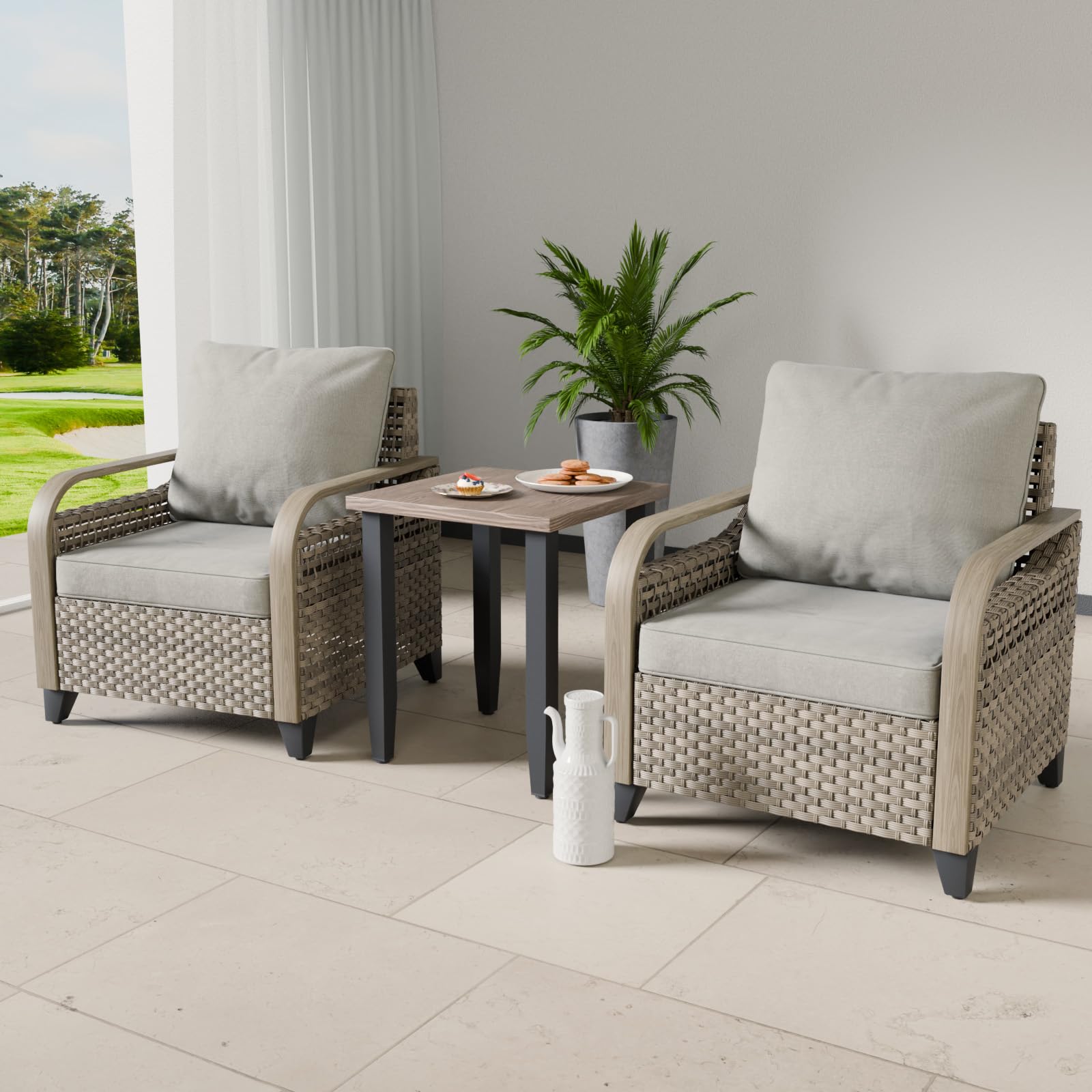 COOS BAY Modern Outdoor Bistro Set, 3 Piece Patio Wicker Table and Chairs Set with Patio Chairs & Side Table, 250 lbs Capacity per Chair, 3 Pieces, Brown/Gray - Image 6