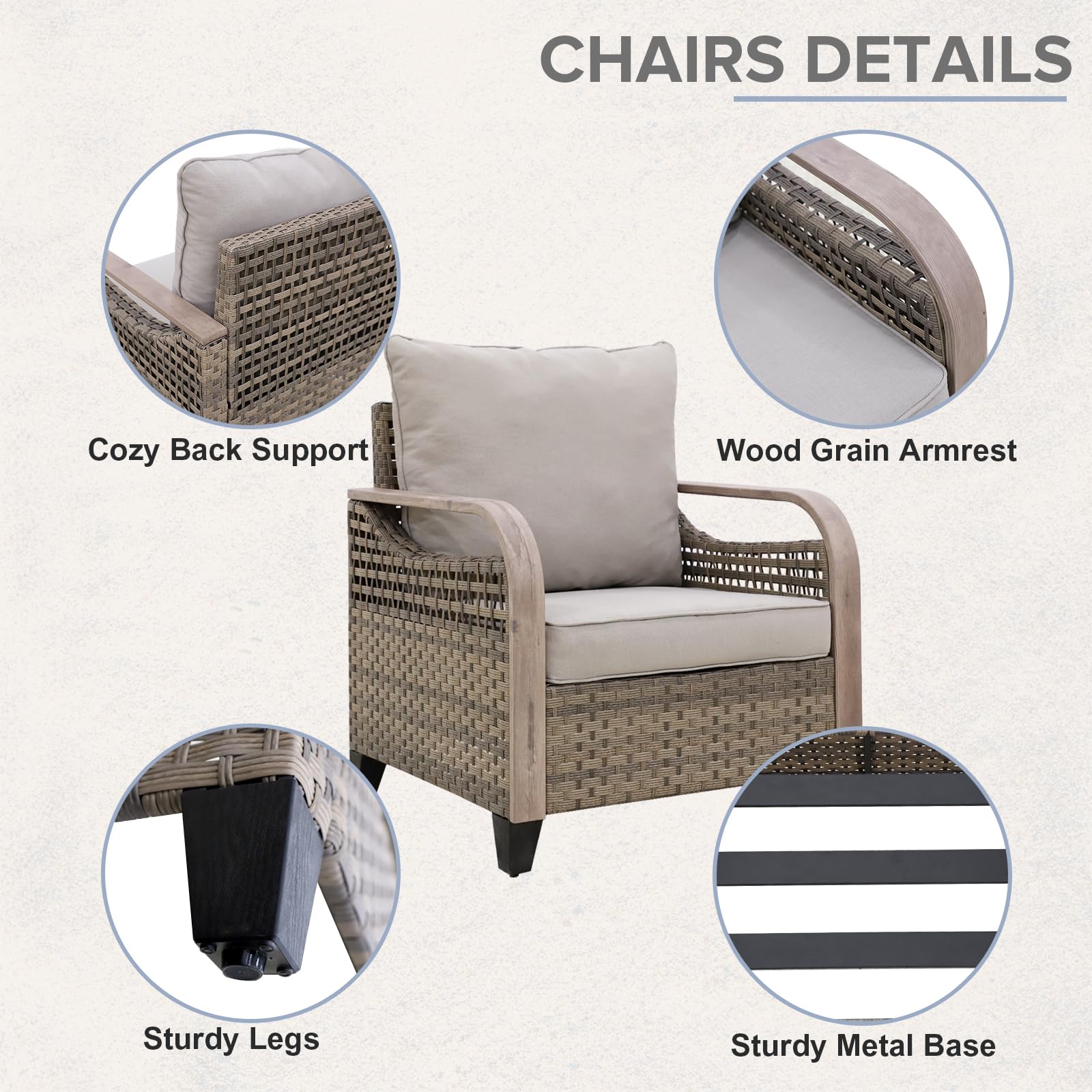 COOS BAY Modern Outdoor Bistro Set, 3 Piece Patio Wicker Table and Chairs Set with Patio Chairs & Side Table, 250 lbs Capacity per Chair, 3 Pieces, Brown/Gray - Image 7