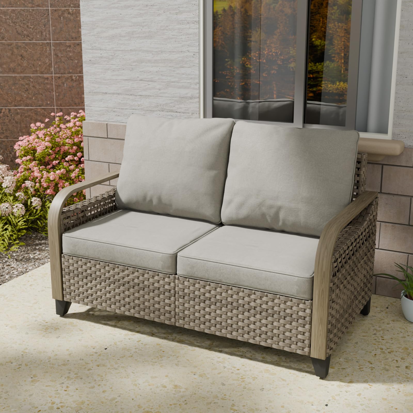 COOS BAY Modern Wicker Outdoor Sofa, 2 Seat Patio Loveseat with Cushions, Outdoor Furniture for Garden, Backyard, Deck, 500 lbs Capacity, Brown/Gray - Image 5