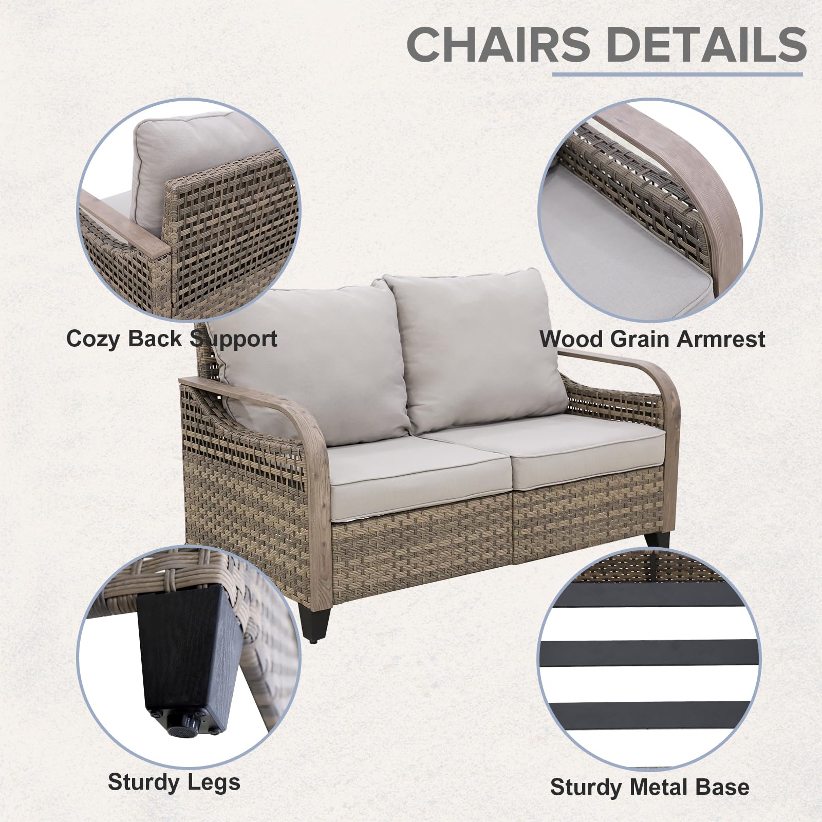 COOS BAY Modern Wicker Outdoor Sofa, 2 Seat Patio Loveseat with Cushions, Outdoor Furniture for Garden, Backyard, Deck, 500 lbs Capacity, Brown/Gray - Image 6