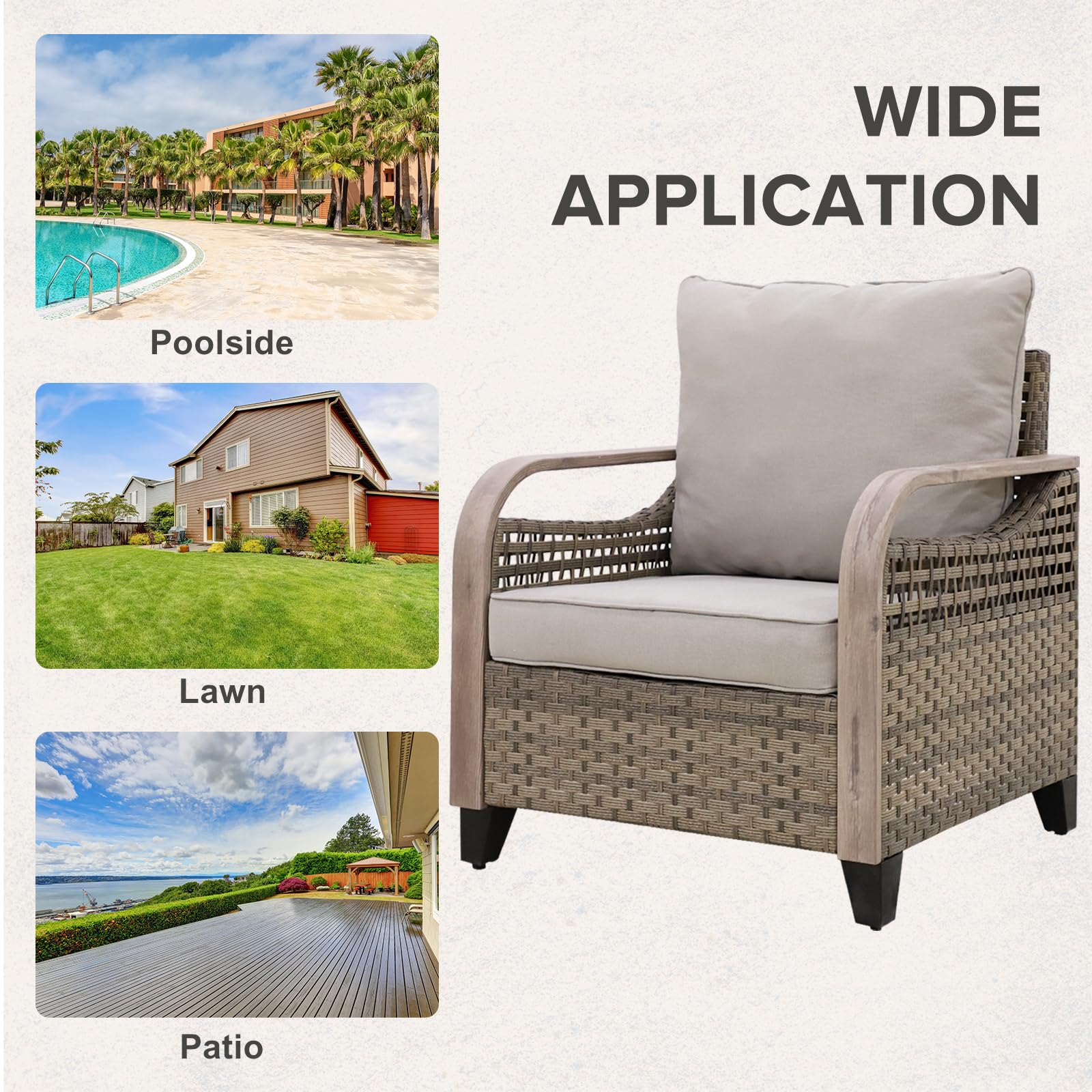 COOS BAY Modern Wicker Patio Chair with Cushions, Rattan Outdoor Armchair with Curved Armrests, PE Rattan Outdoor Seating, 250 lbs Capacity, 1 Piece, Brown/Gray - Image 8