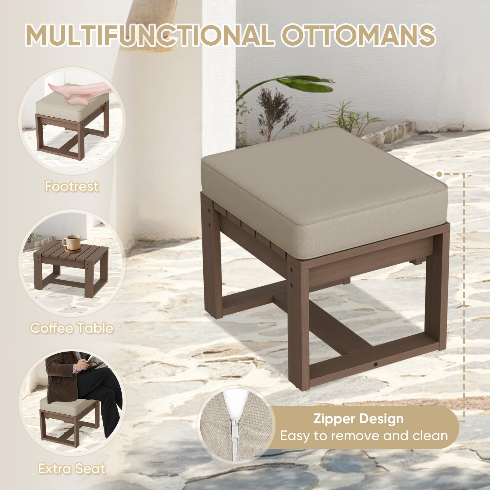 COOS BAY Natural Cedar Outdoor Patio Ottomans with Removable Cushions, Set of 2, Real Wood Footrests for Deck, Porch, Balcony, and Backyard, Brownish/Beige - Image 6