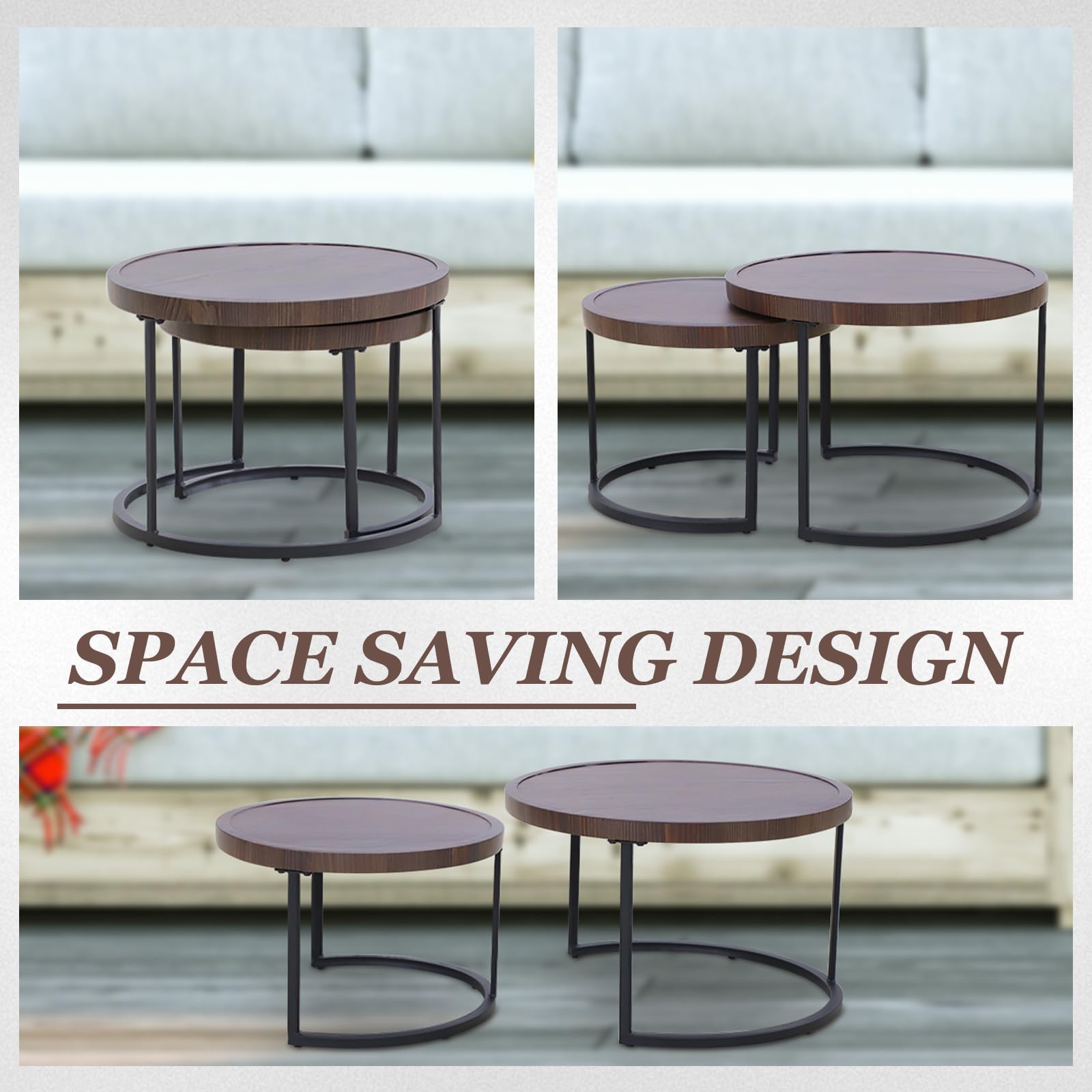COOS BAY Sand Dune Modern Nesting Coffee Table Set of 2, Round Patio Wood Grain Side Tables, Outdoor Small End Tables, Brown - Image 4