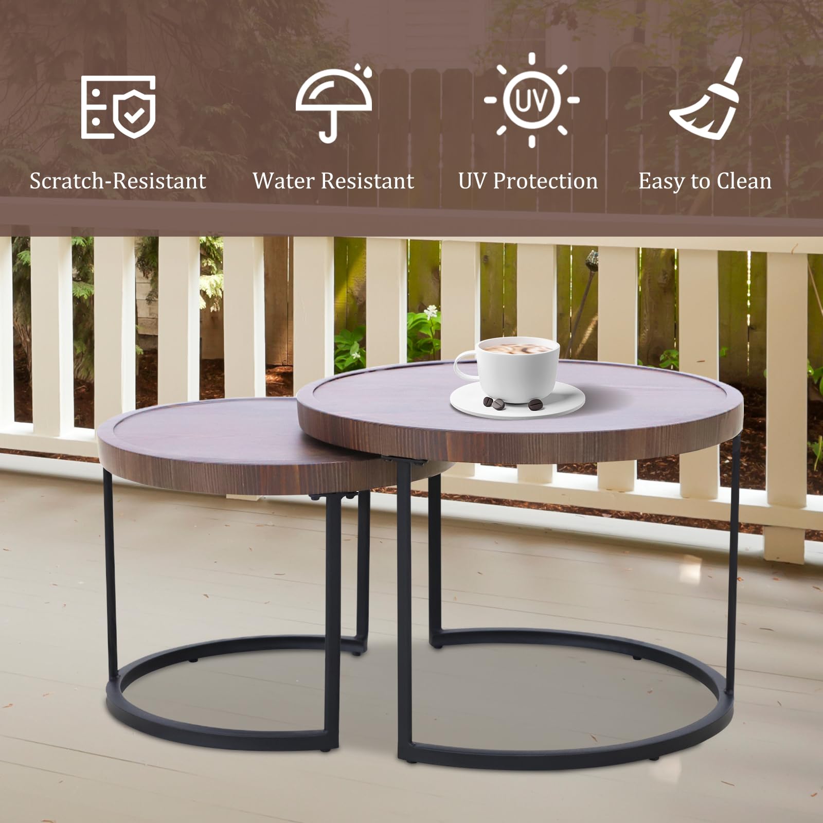 COOS BAY Sand Dune Modern Nesting Coffee Table Set of 2, Round Patio Wood Grain Side Tables, Outdoor Small End Tables, Brown - Image 7