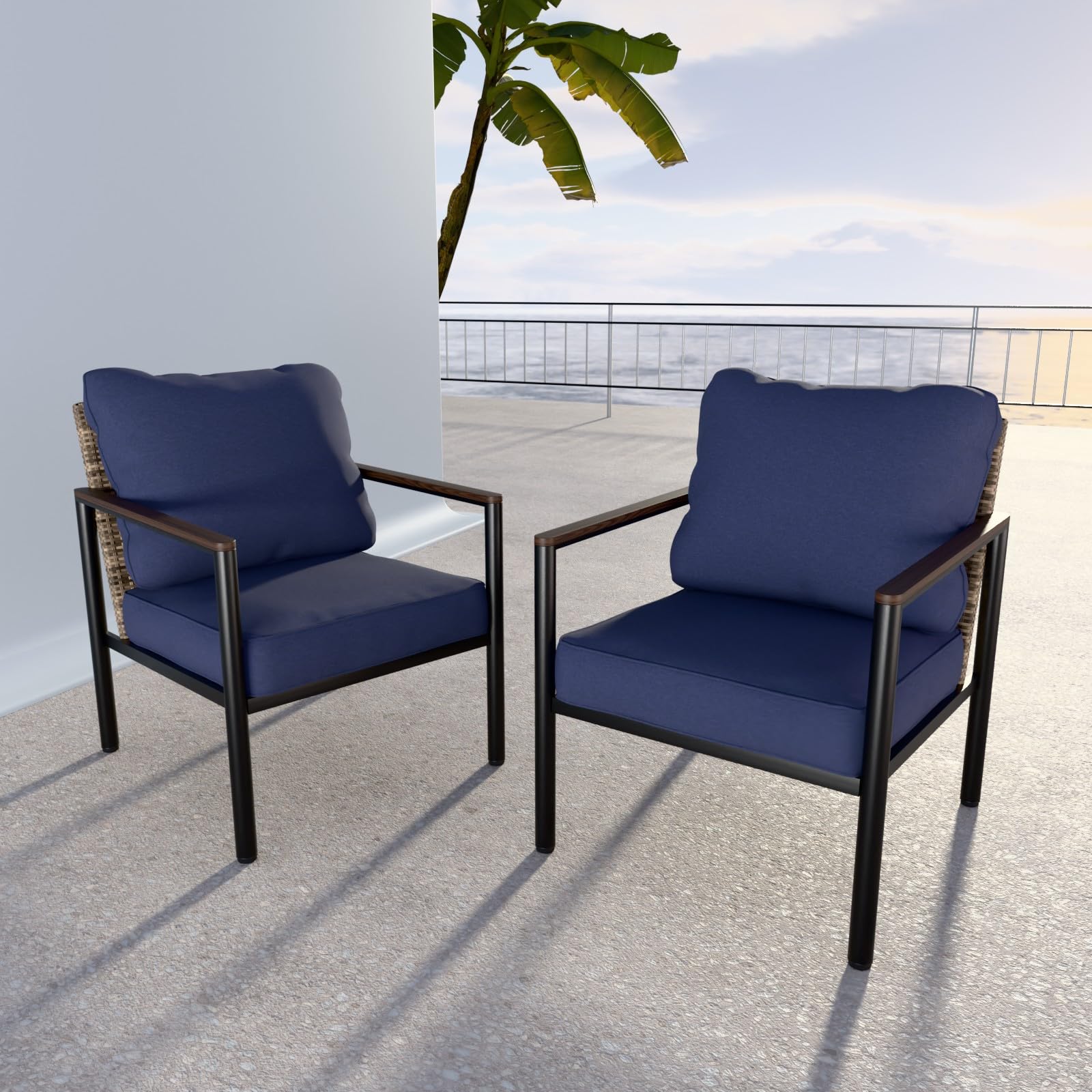 COOS BAY Sand Dune Modern Rattan Accent Chair, Outdoor Patio Dining Armchair, Single Sofa Chair, 2 Pieces, Brown/Blue - Image 5