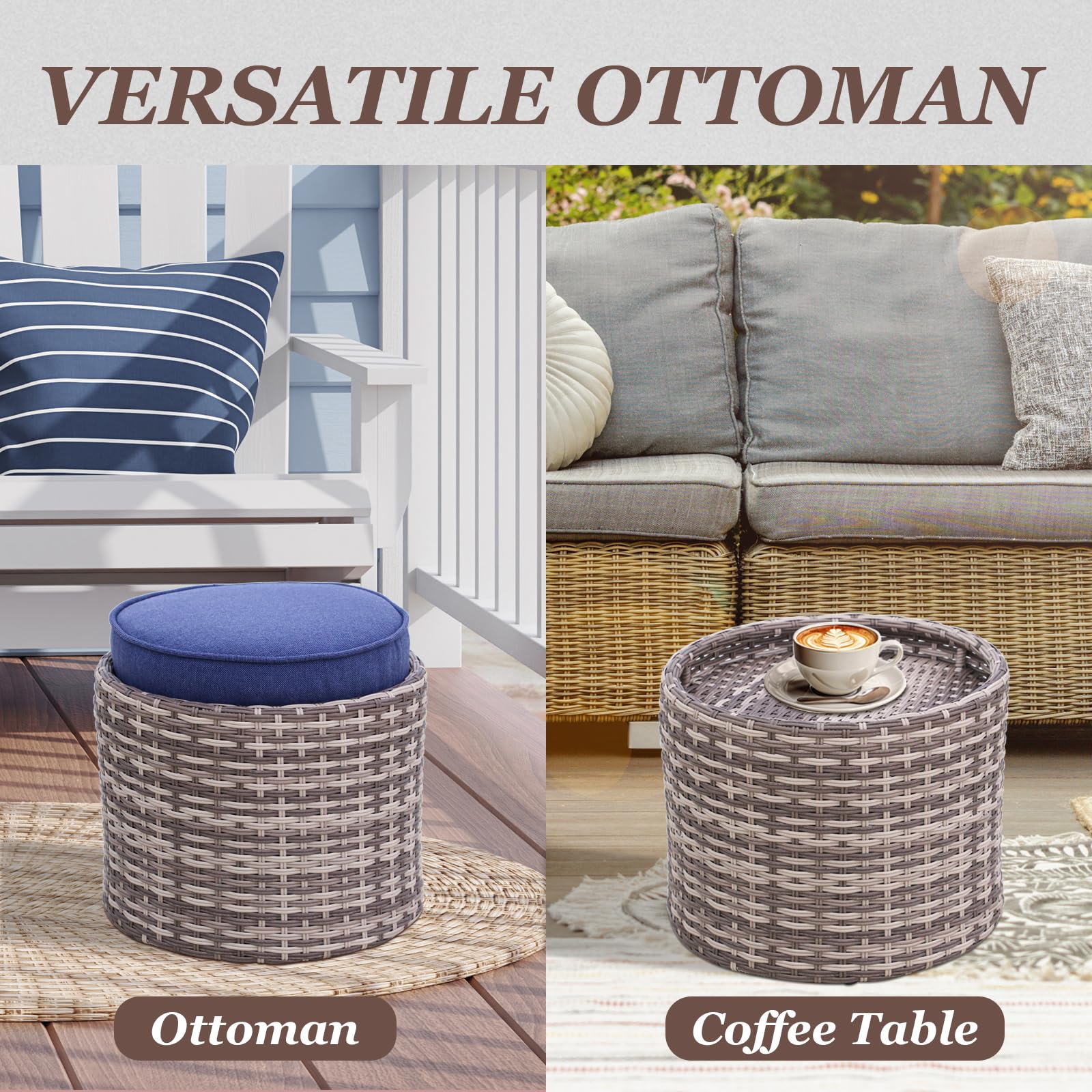 COOS BAY Sand Dune Nesting Tables with Ottoman, Round Wood Grain Coffee Table Set, Outdoor Patio Side Tables, Wicker Furniture Set of 3, Brown/Blue - Image 4