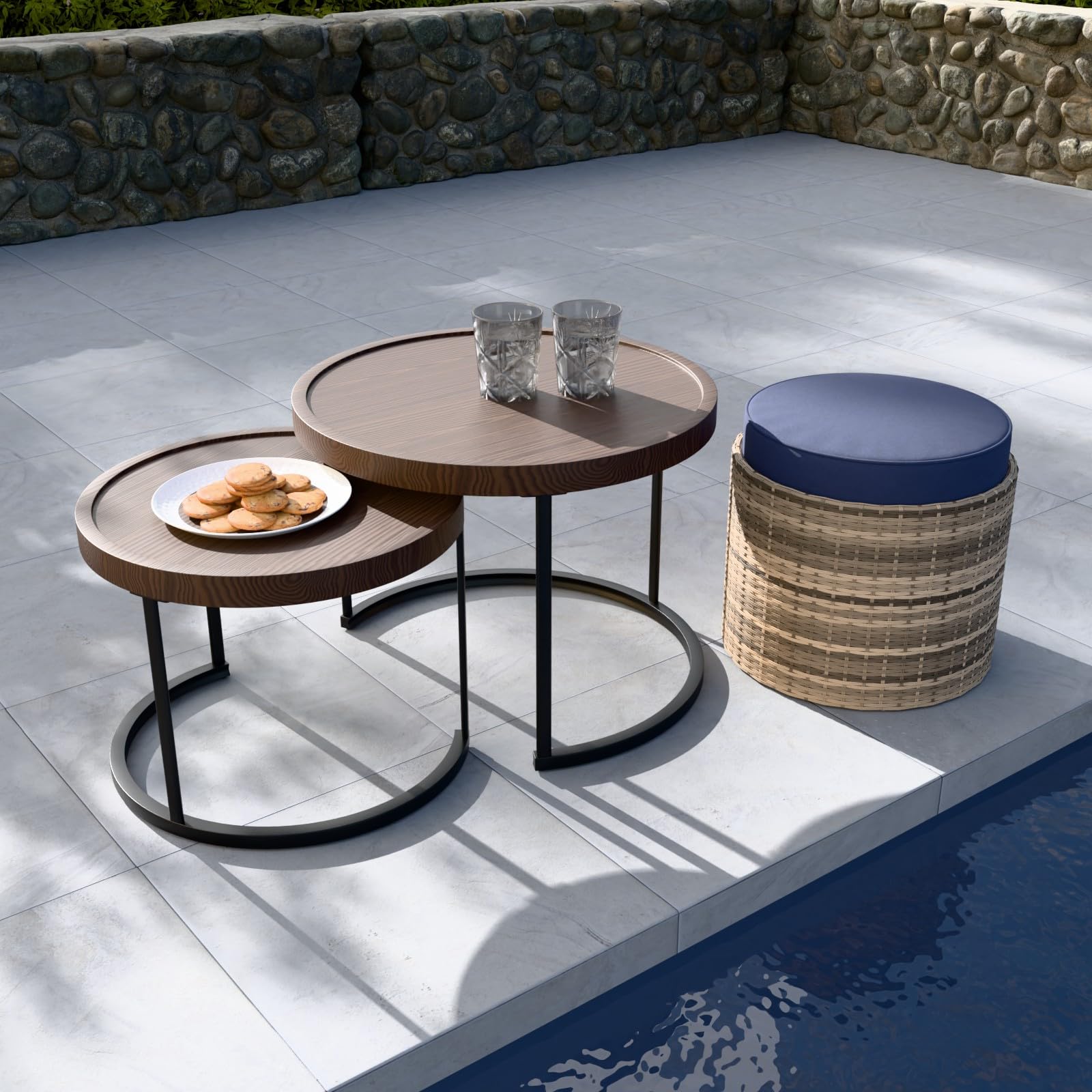 COOS BAY Sand Dune Nesting Tables with Ottoman, Round Wood Grain Coffee Table Set, Outdoor Patio Side Tables, Wicker Furniture Set of 3, Brown/Blue - Image 5