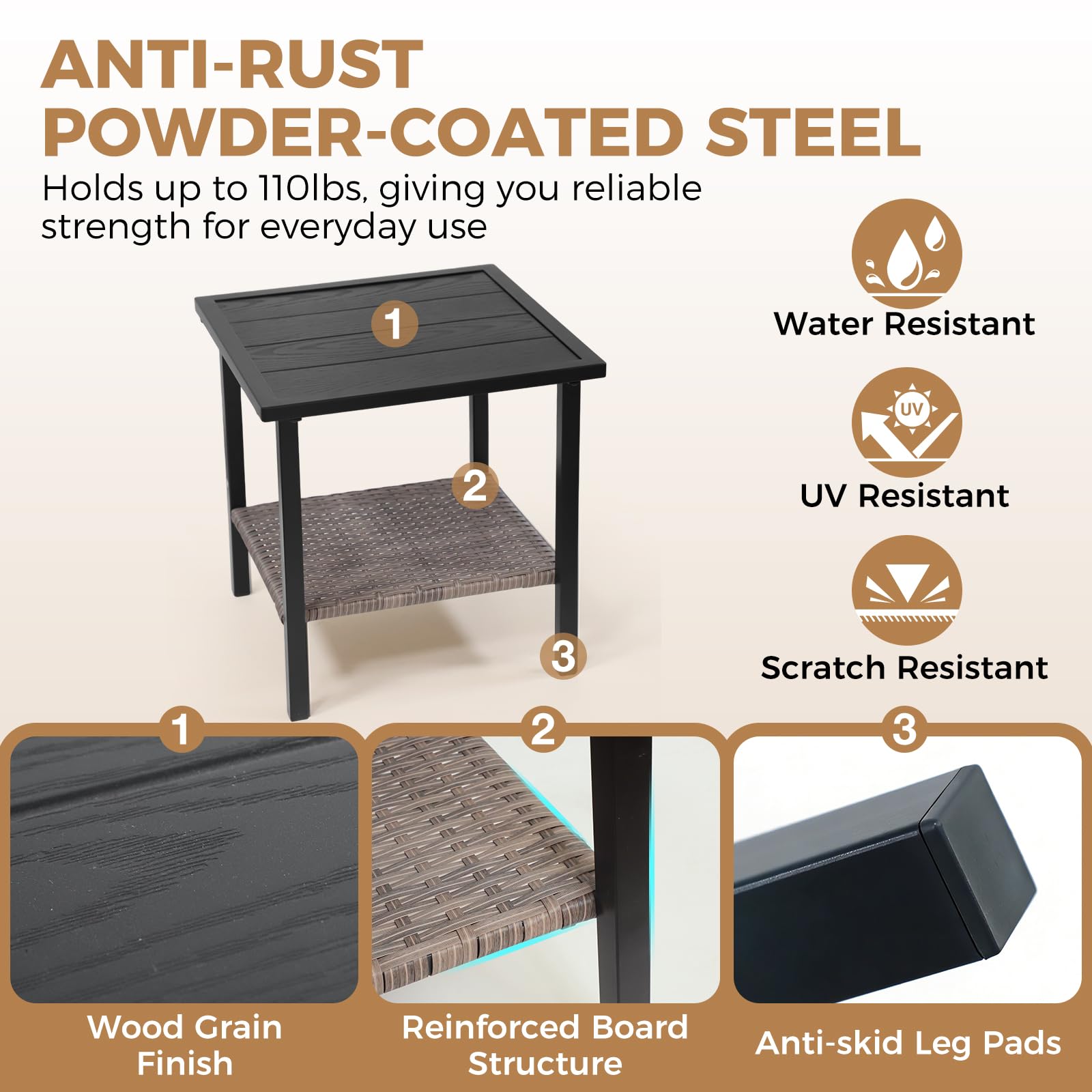 COOS BAY Sunset Haven Outdoor Patio Side Table, Square Outdoor Coffee Table with Double-Tier Storage, Wicker Patio End Table, 18.1"x18.1"x18.5", Brown - Image 3